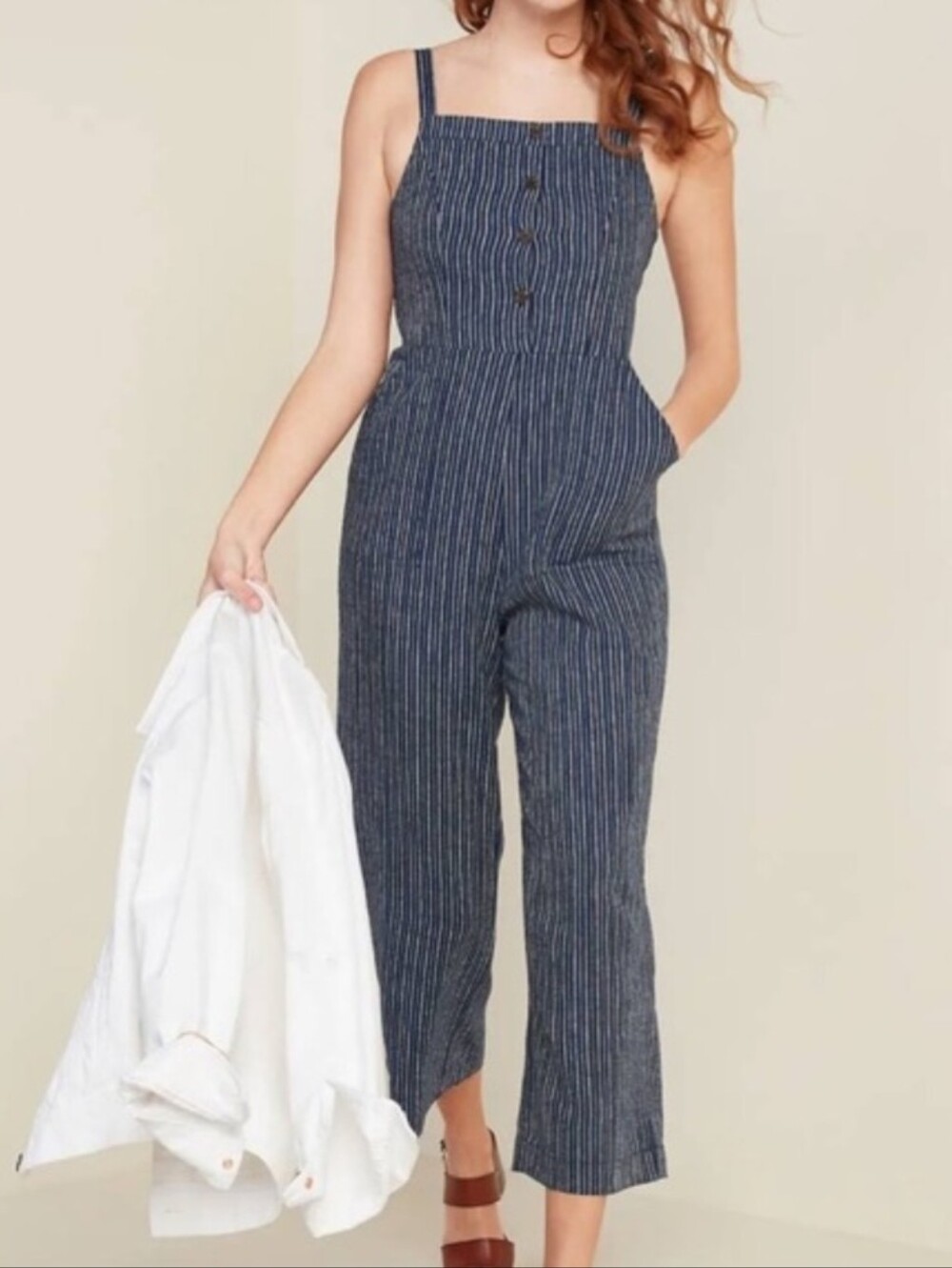 Old Navy Striped Navy Jumpsuit With Adjustable Straps Women's Medium